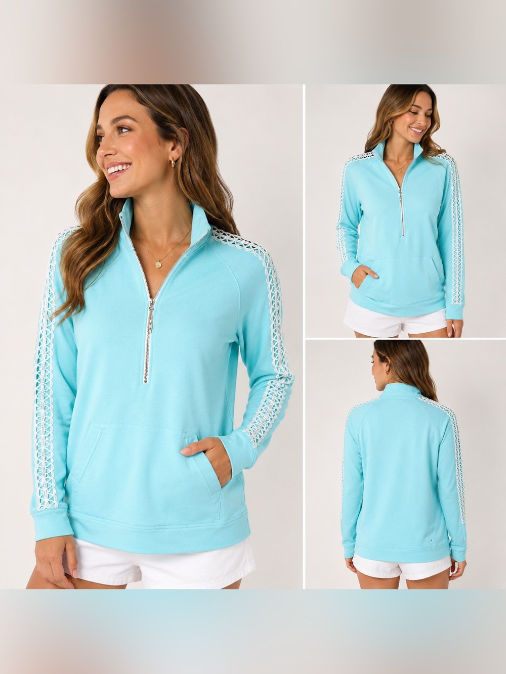 Lilly‎ Pulitzer 1/4 Zip Pullover Womens XS Blue Cutout Sleeves Preppy Coastal